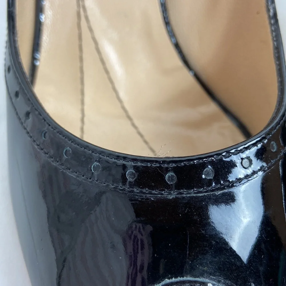 Kate Spade Giselle Oxford Patent Leather Peep Toe Perforated Trim Black Heels